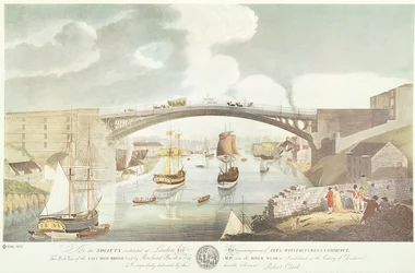 Westansicht der gusseisernen Brücke, gebaut von Rowland Burdon Esq., MP, über den Fluss Wear in Sunderland, ca. 1796 (handkolorierte Gravur)